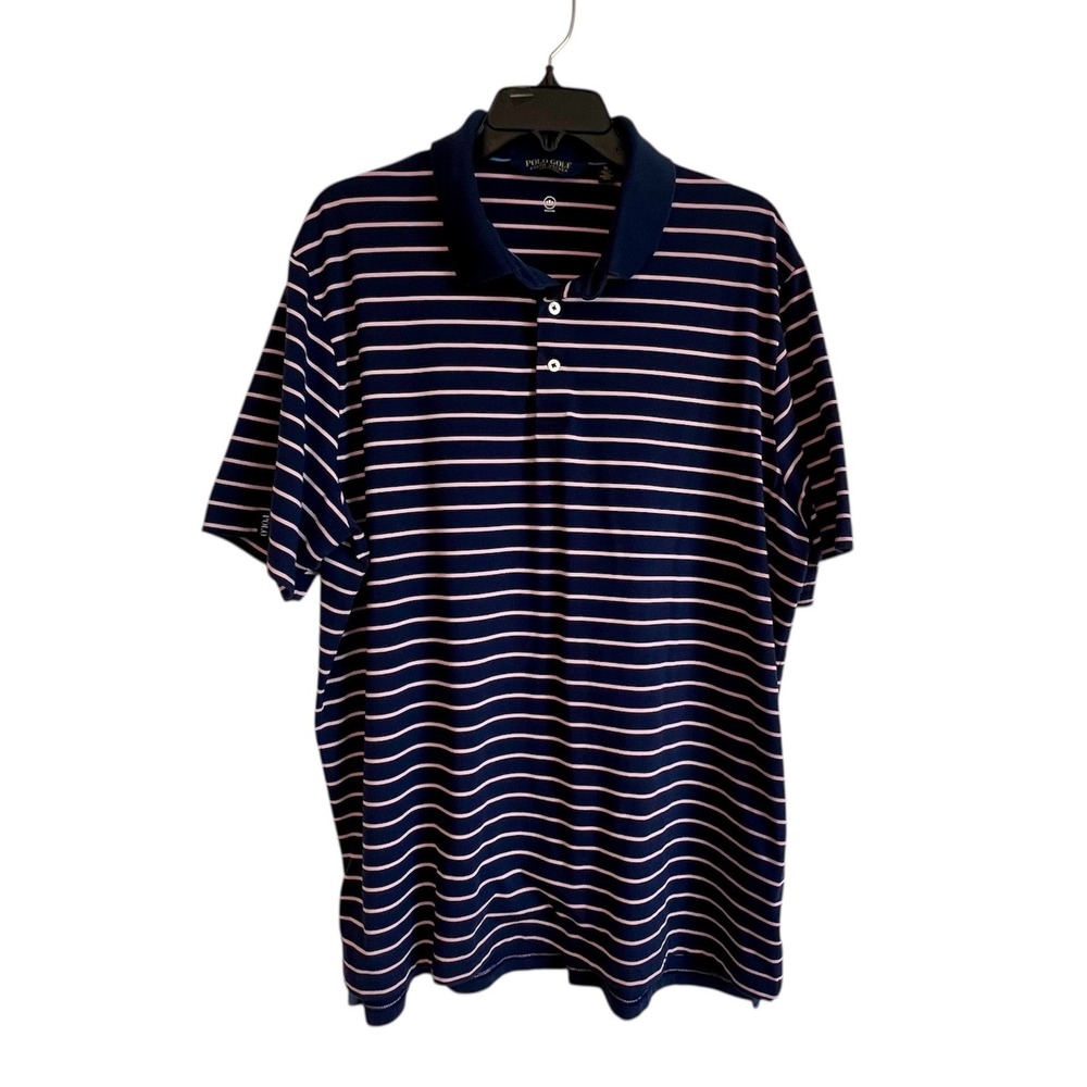 Polo Golf Ralph Lauren Mens Navy Pink Striped Wicking Polo Shirt Preppy XL